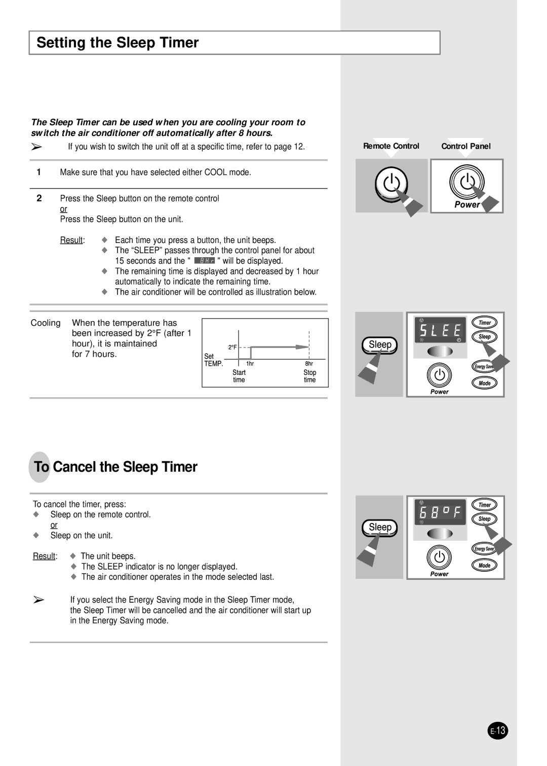 Samsung AW078AA, AW069AB, AW1880A, AW2480C, AW2490D, AW129AB, AW128AA manual Setting the Sleep Timer, To Cancel the Sleep Timer 