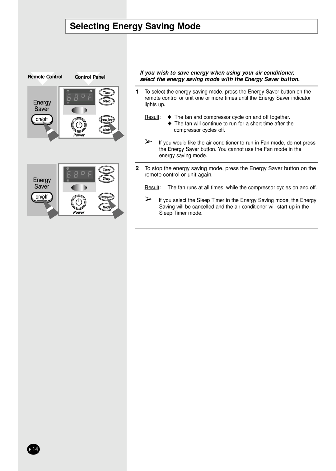 Samsung AW1880A, AW069AB, AW078AA, AW2480C, AW2490D, AW129AB manual Selecting Energy Saving Mode, Remote Control Control Panel 