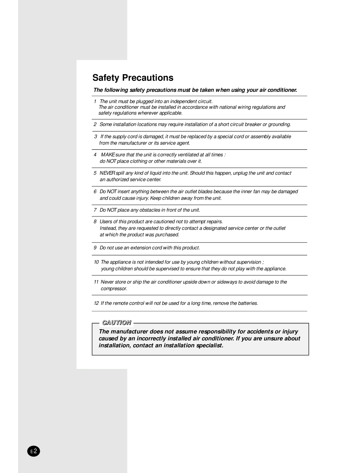 Samsung AW1880A, AW069AB, AW078AA, AW2480C, AW2490D, AW129AB, AW128AA, AW1480A, AW109AB, AW108AA, AW088AA manual Safety Precautions 