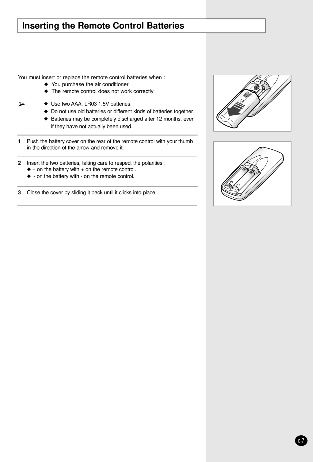 Samsung AW1480A, AW069AB, AW078AA, AW1880A, AW2480C, AW2490D, AW129AB, AW128AA, AW109AB Inserting the Remote Control Batteries 