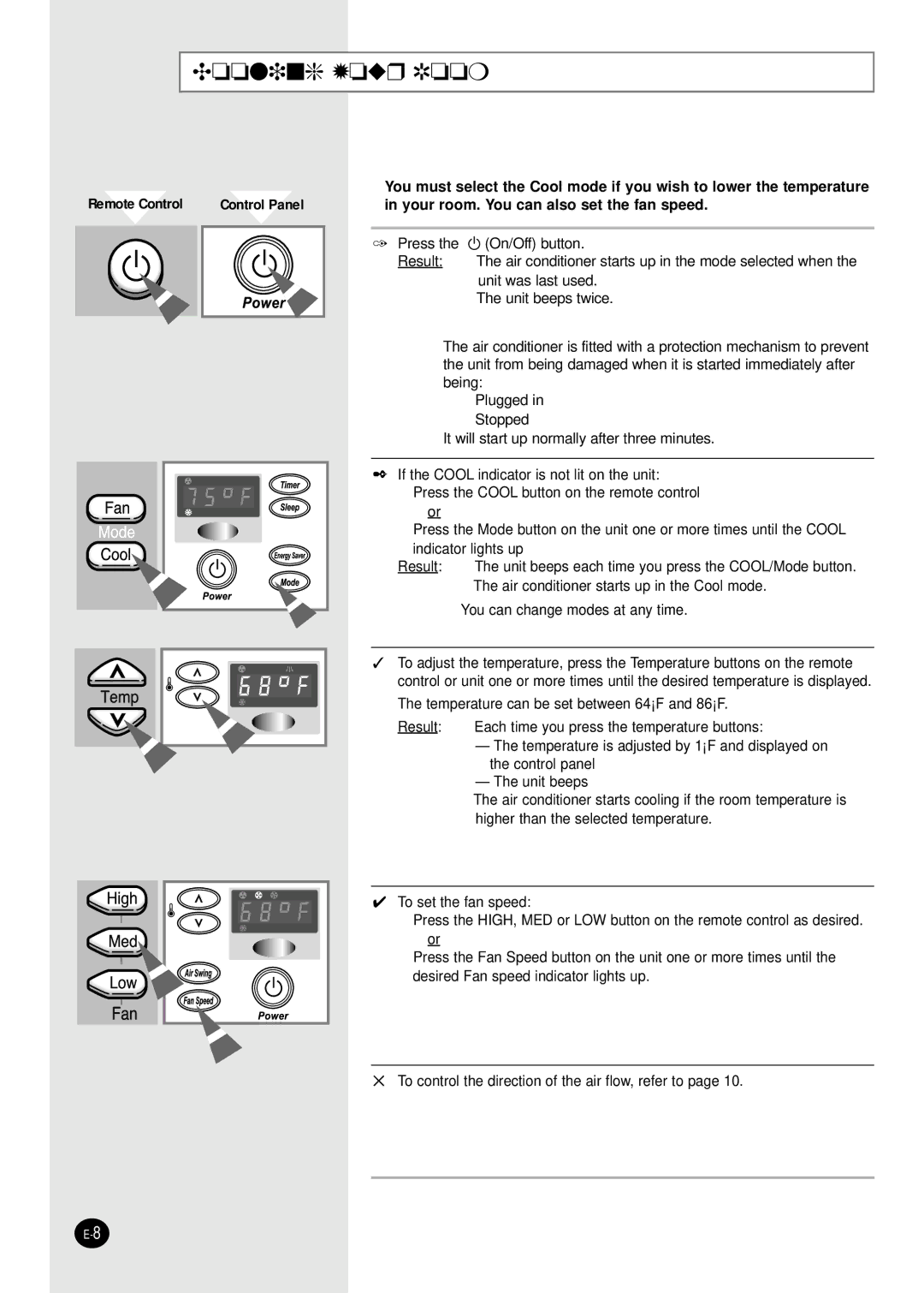 Samsung AW109AB, AW069AB, AW078AA, AW1880A, AW2480C, AW2490D, AW129AB, AW128AA Cooling Your Room, Remote Control Control Panel 