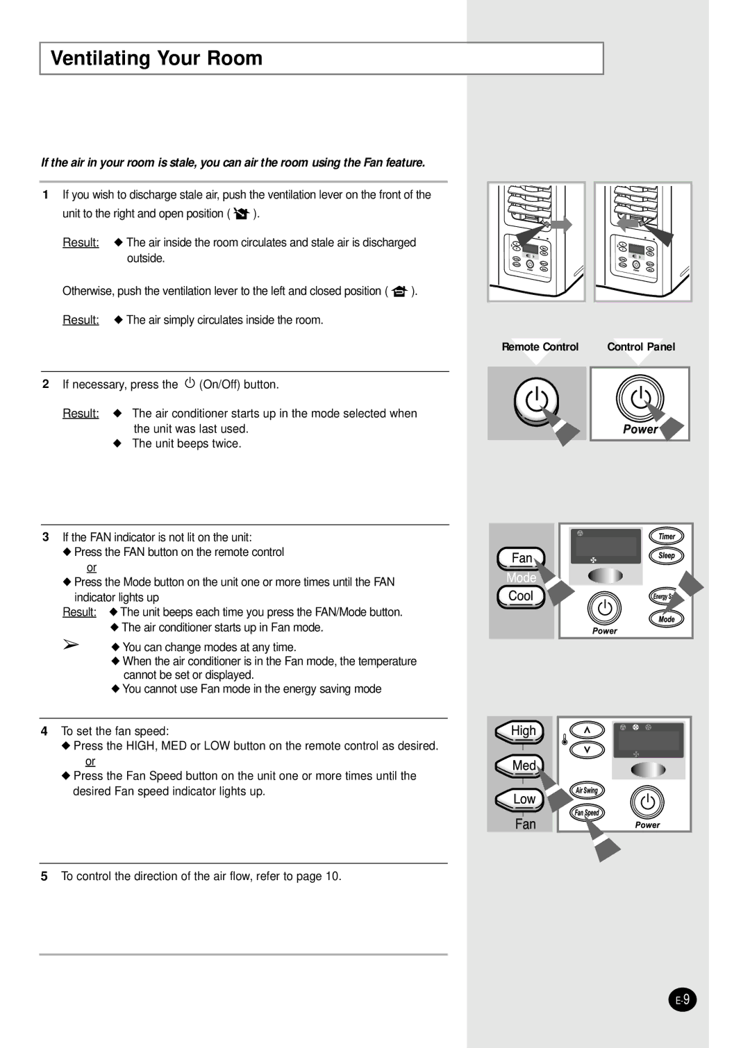 Samsung AW108AA, AW069AB, AW078AA, AW1880A, AW2480C, AW2490D, AW129AB, AW128AA, AW1480A Ventilating Your Room, Remote Control 