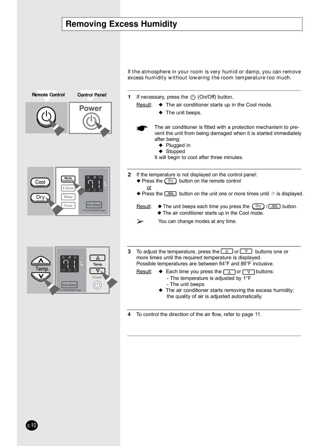 Samsung AW109CB, AW069CB, AW189CB, AW129CB, AW149CB, AW089CB manual Removing Excess Humidity, Control Panel 