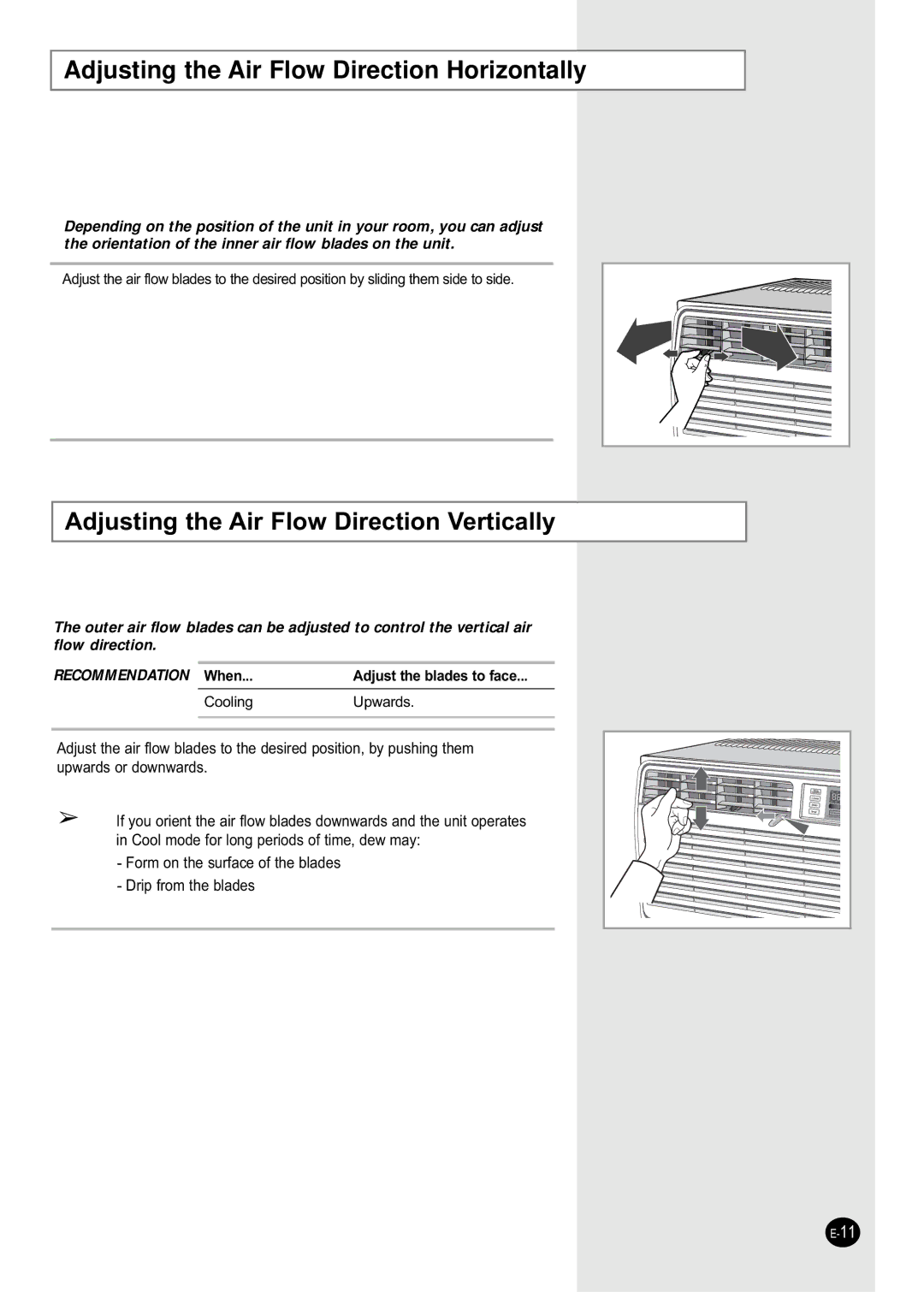 Samsung AW089CB Adjusting the Air Flow Direction Horizontally, $GMXVWLQJWKH$LUORZLUHFWLRQ9HUWLFDOO, RROLQJ8SZDUGV 