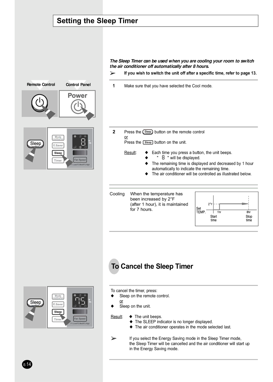 Samsung AW129CB manual 6HWWLQJWKH6OHHS7LPHU, 7R&DQFHOWKH6OHHS7LPHU, ZlooEhGlvsod\Hg, LQWKHQHUJ\6DYLQJPRGH 