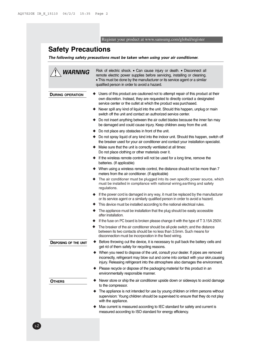 Samsung AW129CB, AW069CB, AW189CB, AW149CB, AW109CB, AW089CB manual 3AFETY 0RECAUTIONS 