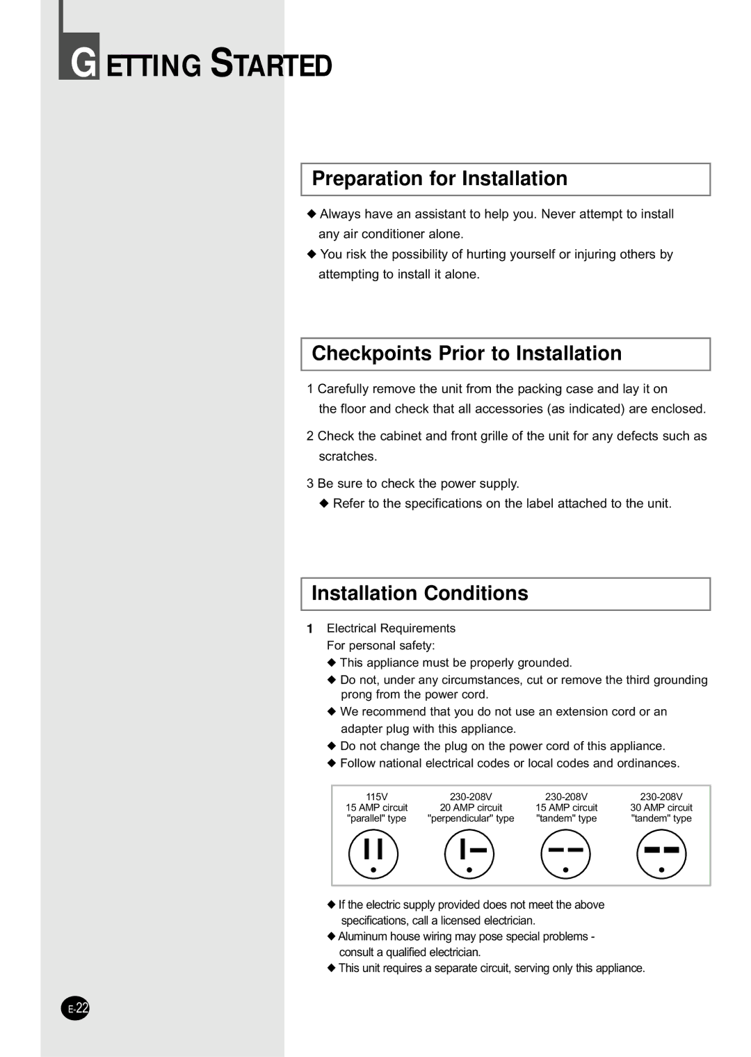 Samsung AW109CB, AW069CB, AW189CB Preparation for Installation, Checkpoints Prior to Installation, Installation Conditions 