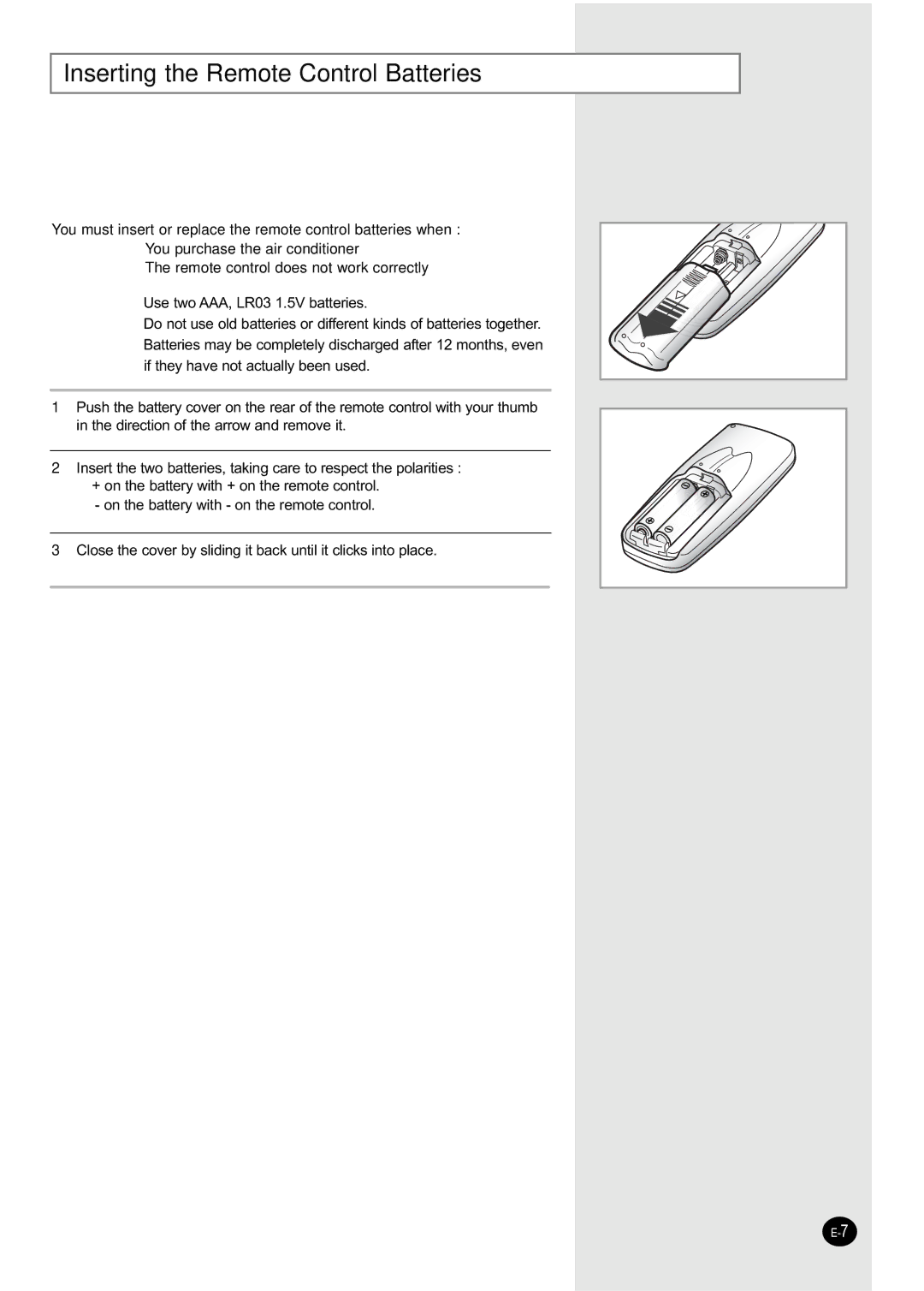 Samsung AW189CB, AW069CB, AW129CB, AW149CB, AW109CB, AW089CB manual Inserting the Remote Control Batteries 