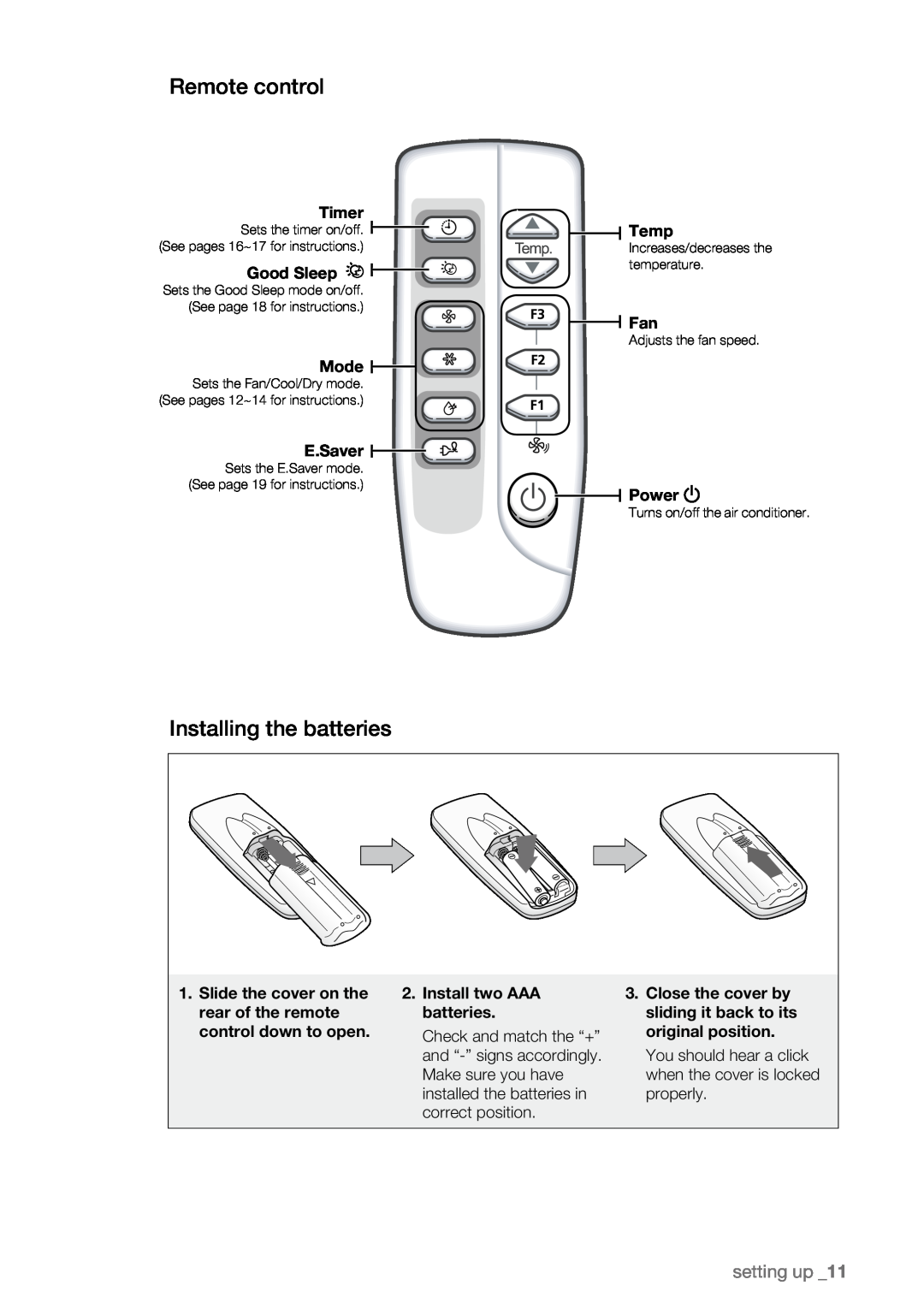 Samsung DB98-29033A, AW06EDB Series user manual Remote control, Installing the batteries, setting up 