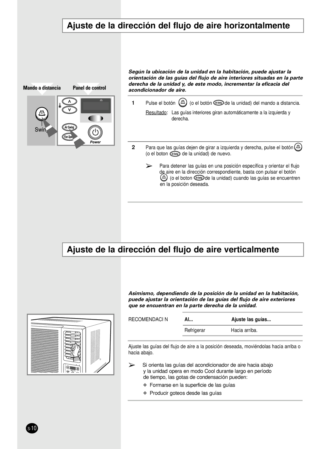 Samsung AWT18FAMBA/BC/DA/EA/EB, AW06FASAA Ajuste de la dirección del flujo de aire horizontalmente, Acondicionador de aire 