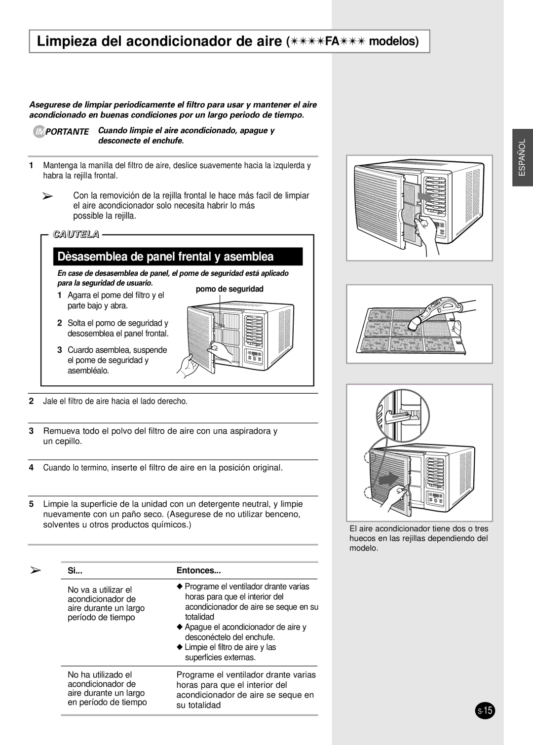 Samsung AW06FASAA, AW09FASAA/BA/DA/EA Limpieza del acondicionador de aire FA modelos, Pomo de seguridad, Si...Entonces 