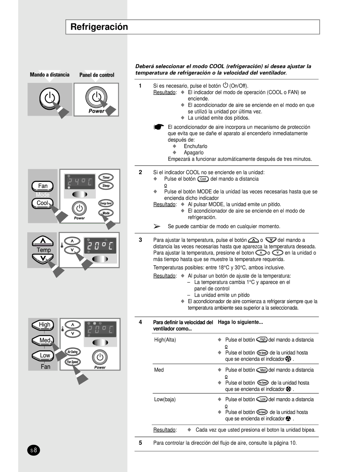 Samsung AWT20FAMBA, AW06FASAA, AW09FASAA/BA/DA/EA Refrigeración, Temperatura de refrigeración o la velocidad del ventilador 