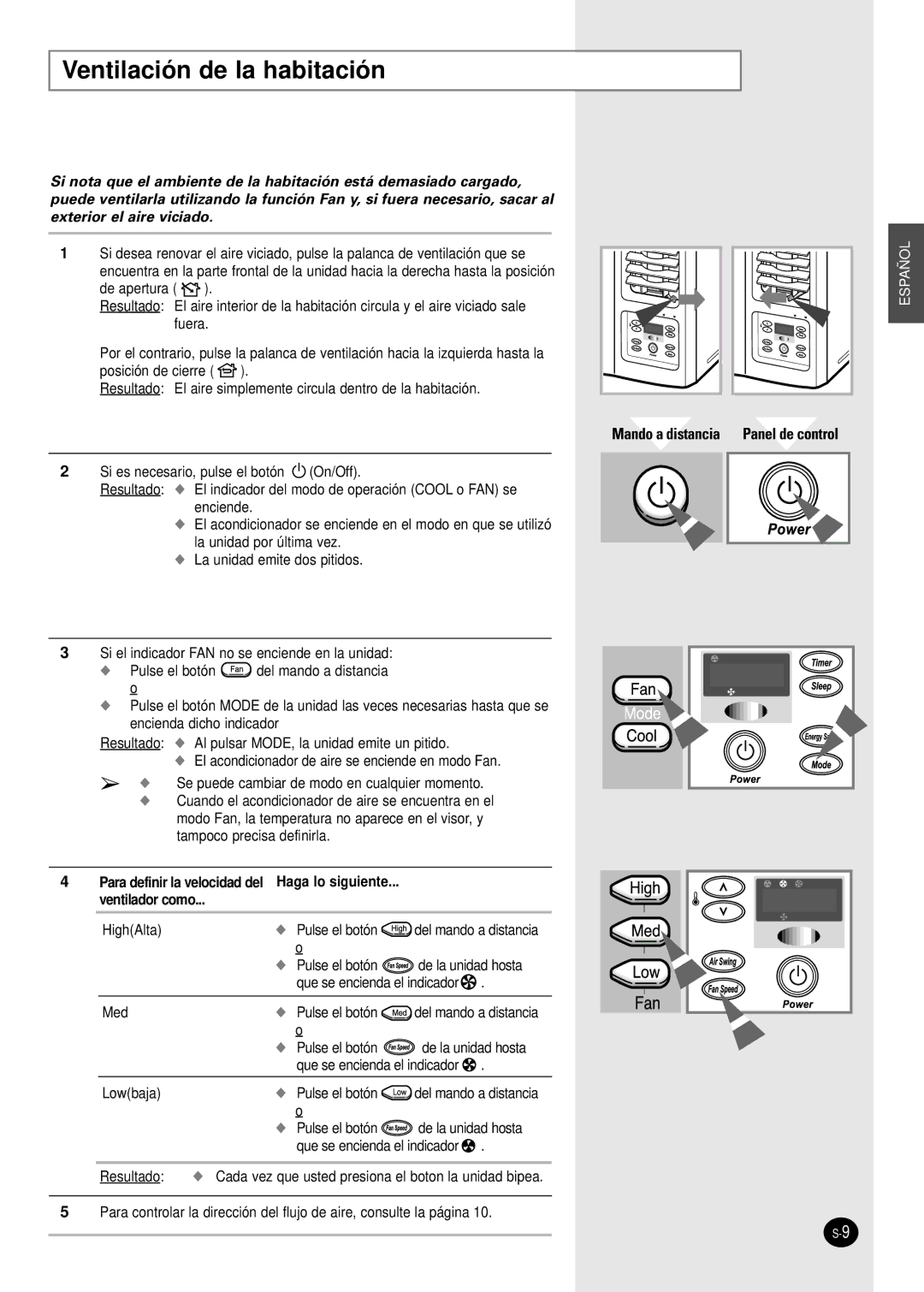 Samsung AW18FAMBA/CA/DA/EA/EB, AW06FASAA, AW10FAJAA/BA/CA Ventilación de la habitación, Haga lo siguiente Ventilador como 