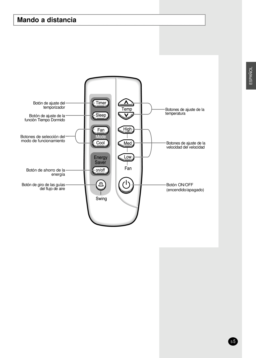 Samsung AW12FAJAA/BA/CA/DA/EA Mando a distancia, Botón de ajuste del temporizador, Botón de ahorro de la energía, Español 