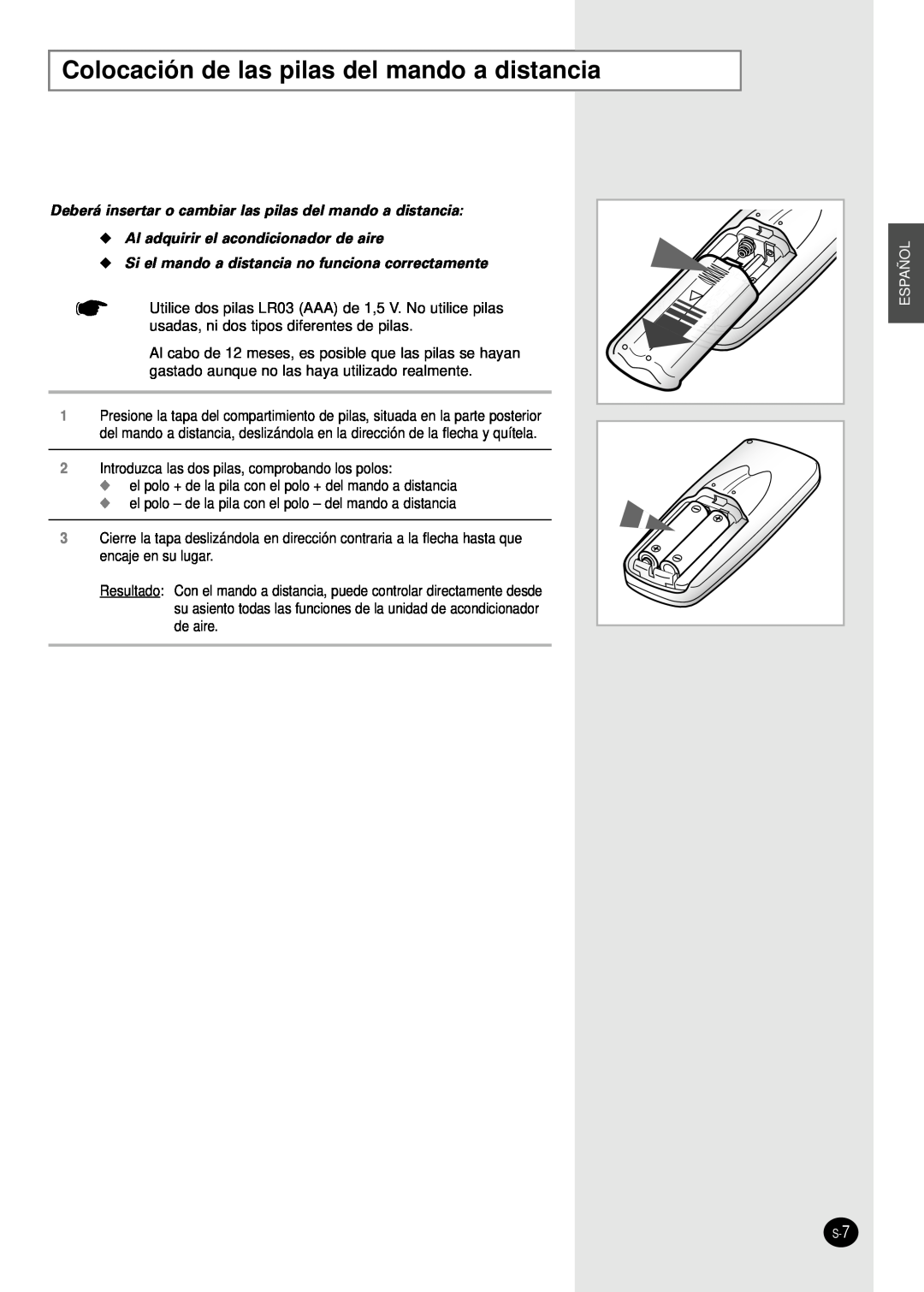Samsung AWT19FAMBA/EA/EB Colocación de las pilas del mando a distancia, Al adquirir el acondicionador de aire, Español 