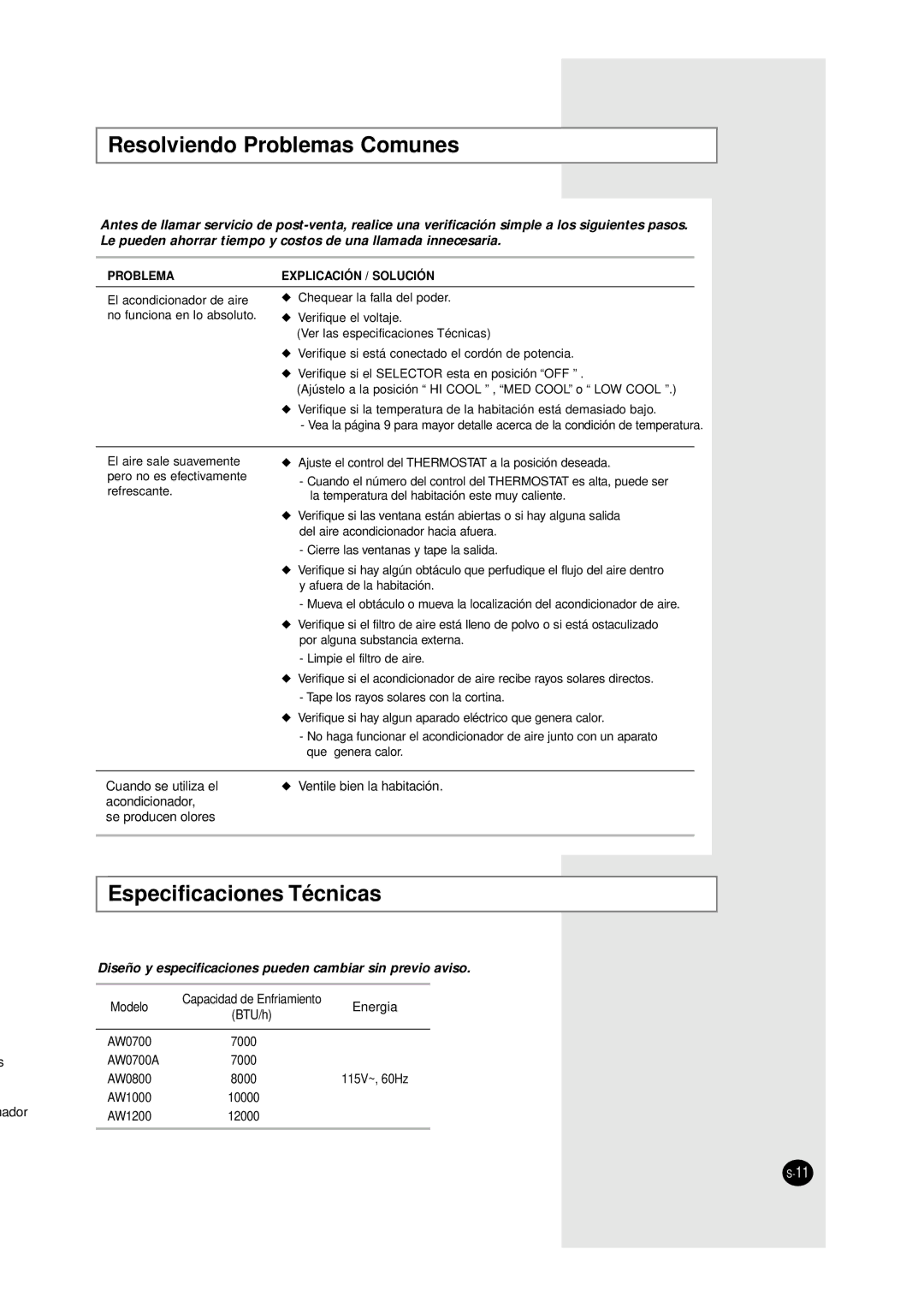 Samsung AW0700A, AW1200, AW1000, AW0800 manual Resolviendo Problemas Comunes, Especificaciones Técnicas 