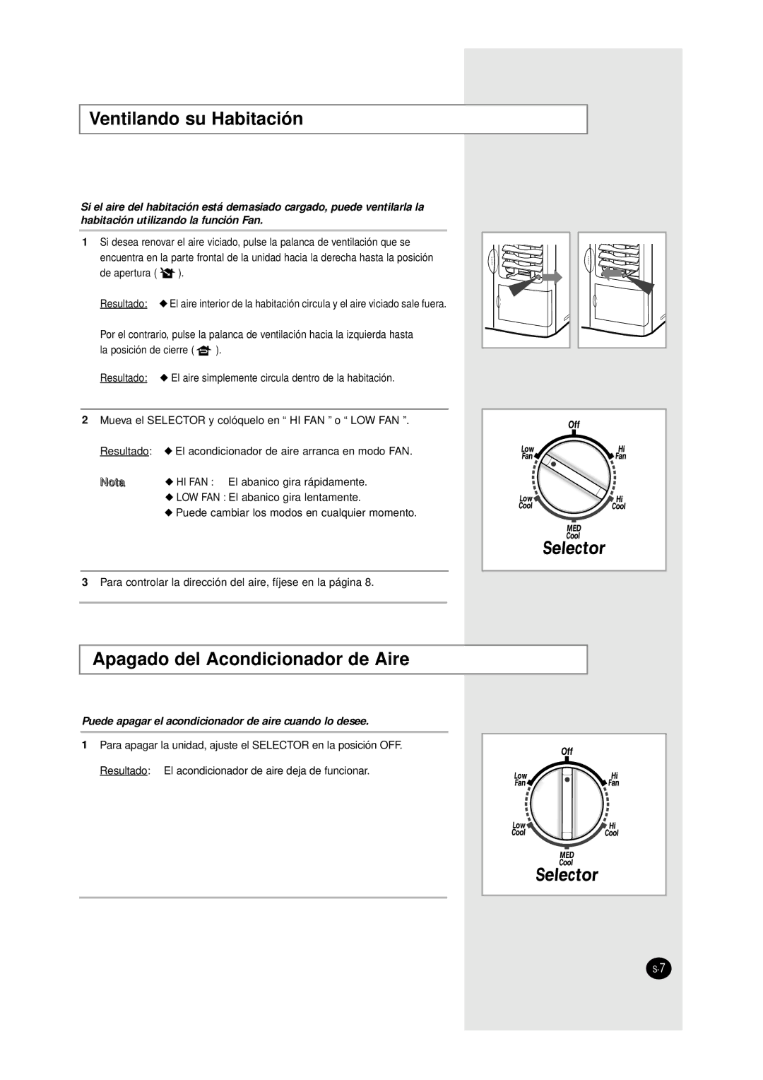 Samsung AW1200, AW0700A, AW1000, AW0800 manual Ventilando su Habitación, Apagado del Acondicionador de Aire 