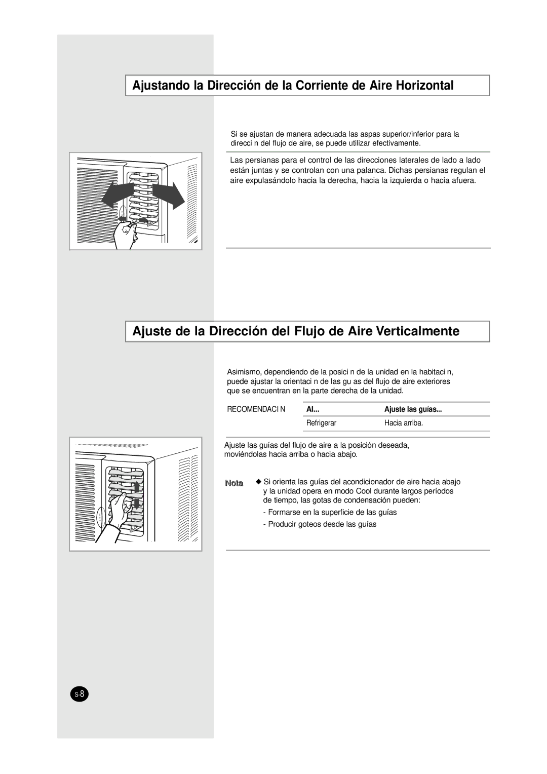 Samsung AW1000, AW0700A, AW1200, AW0800 manual Ajustando la Dirección de la Corriente de Aire Horizontal 