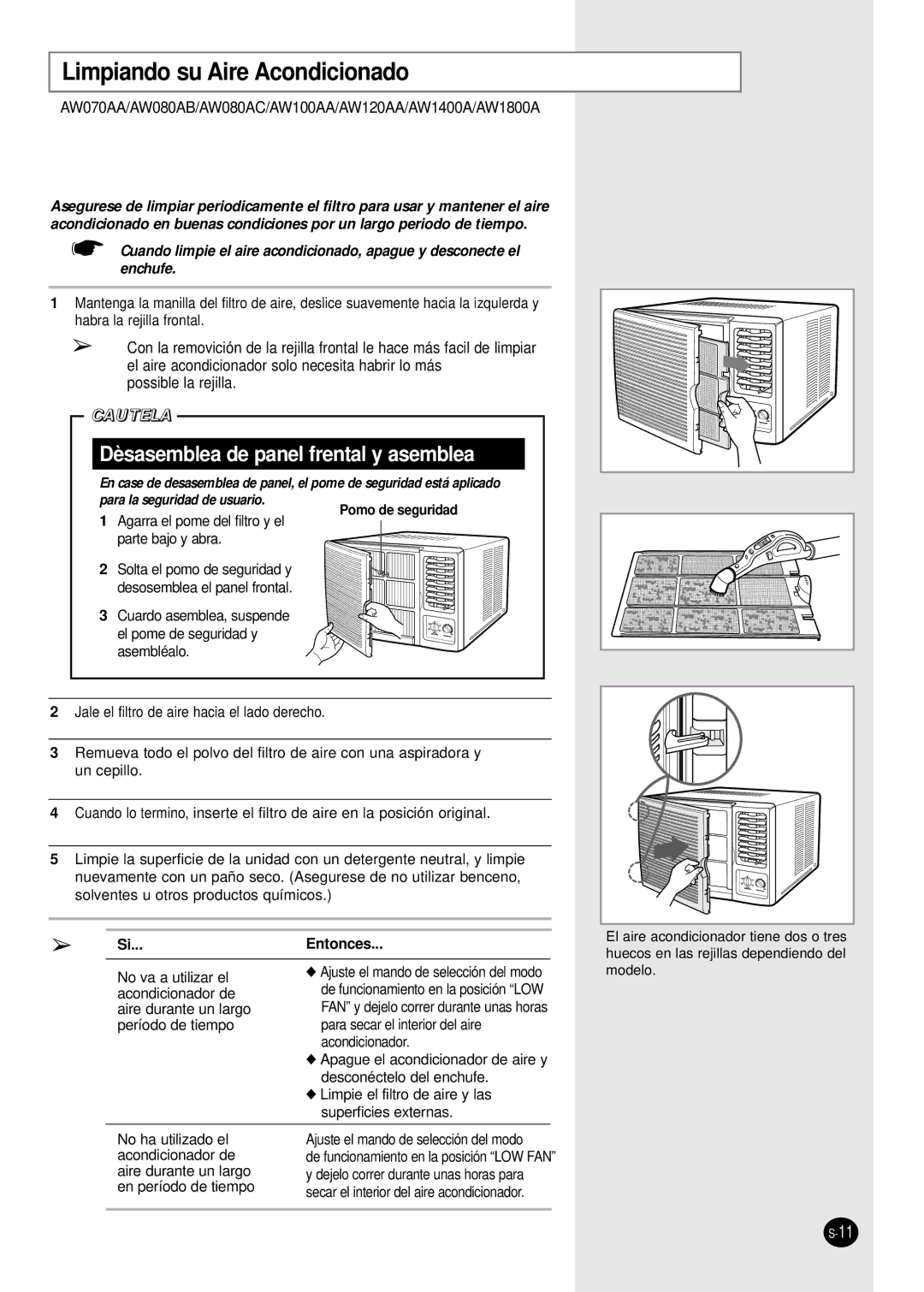 Samsung AW120AA, AW070AA, AW1400A, AW2410C, AW100AA, AW080AB, AW080AC manual Limpiando su Aire Acondicionado, Pomo de seguridad 