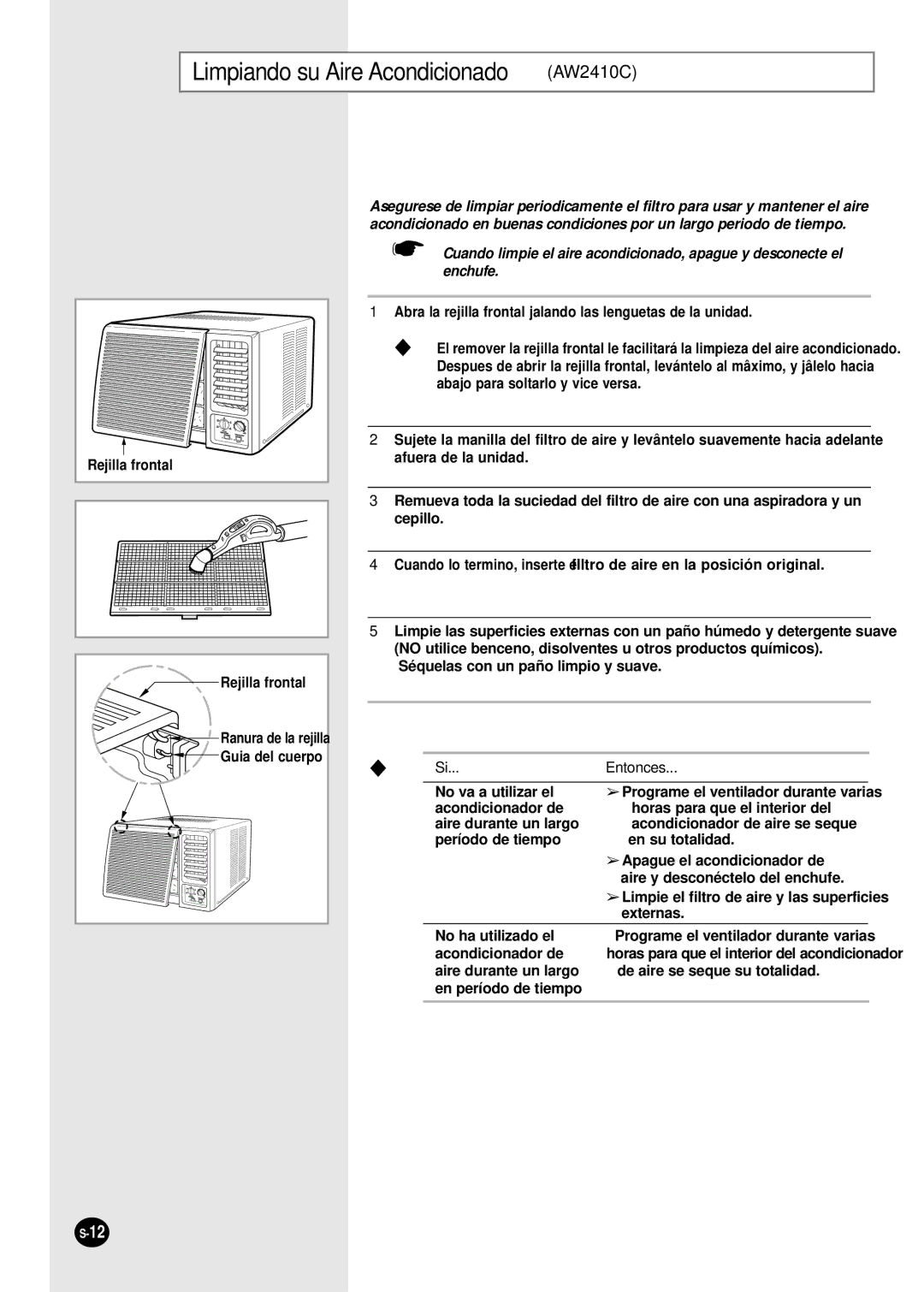 Samsung AW080AB, AW070AA, AW1400A, AW100AA, AW120AA, AW080AC manual Limpiando su Aire Acondicionado AW2410C, Rejilla frontal 