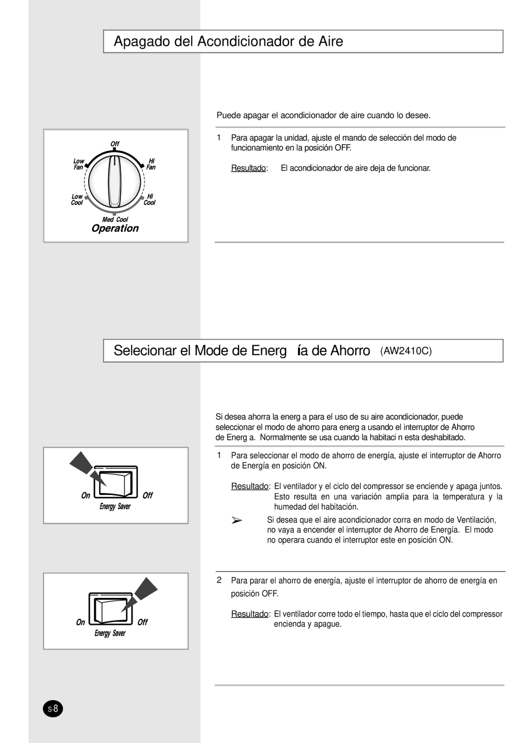 Samsung AW1400A, AW070AA, AW100AA manual Apagado del Acondicionador de Aire, Selecionar el Mode de Energía de Ahorro AW2410C 