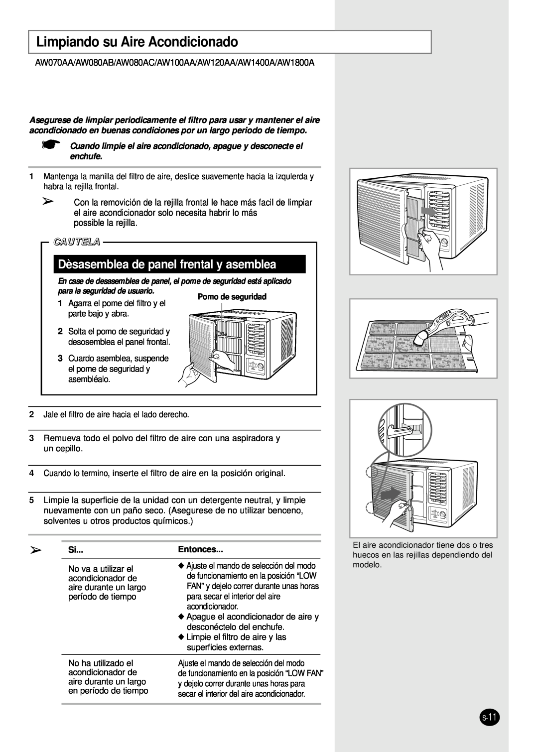 Samsung AW120AA manual Limpiando su Aire Acondicionado, Dèsasemblea de panel frental y asemblea, Cautela, Pomo de seguridad 