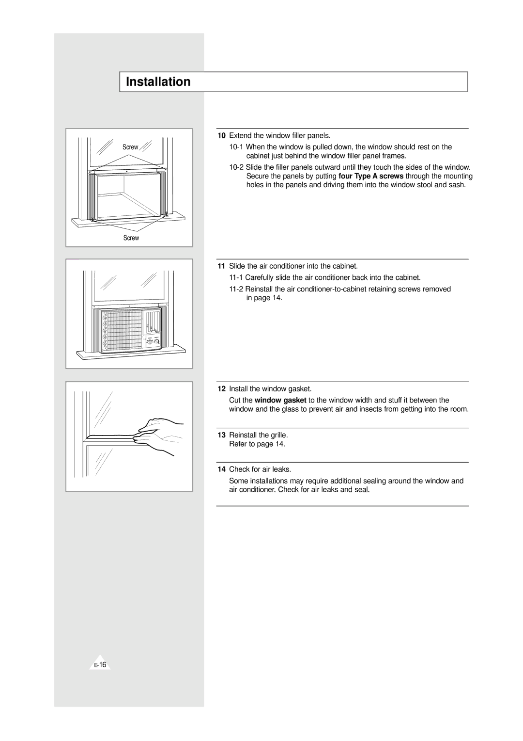 Samsung AW0719, AW0819 manual Extend the window filler panels, Check for air leaks 