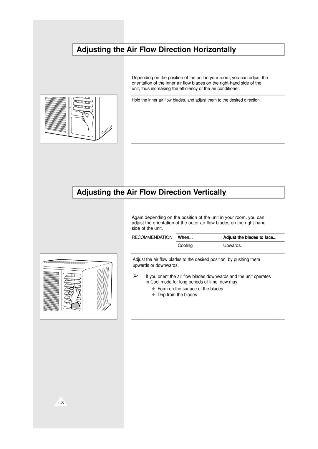 Samsung AW0719, AW0819 manual Adjusting the Air Flow Direction Horizontally, Adjusting the Air Flow Direction Vertically 