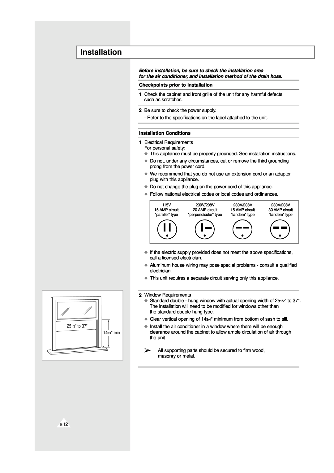 Samsung AW0719, AW0819 manual Checkpoints prior to installation, Installation Conditions 
