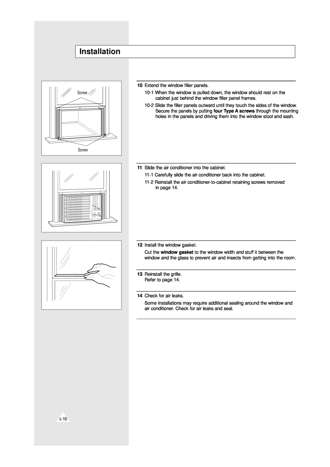 Samsung AW0719, AW0819 manual Installation, 10Extend the window filler panels 