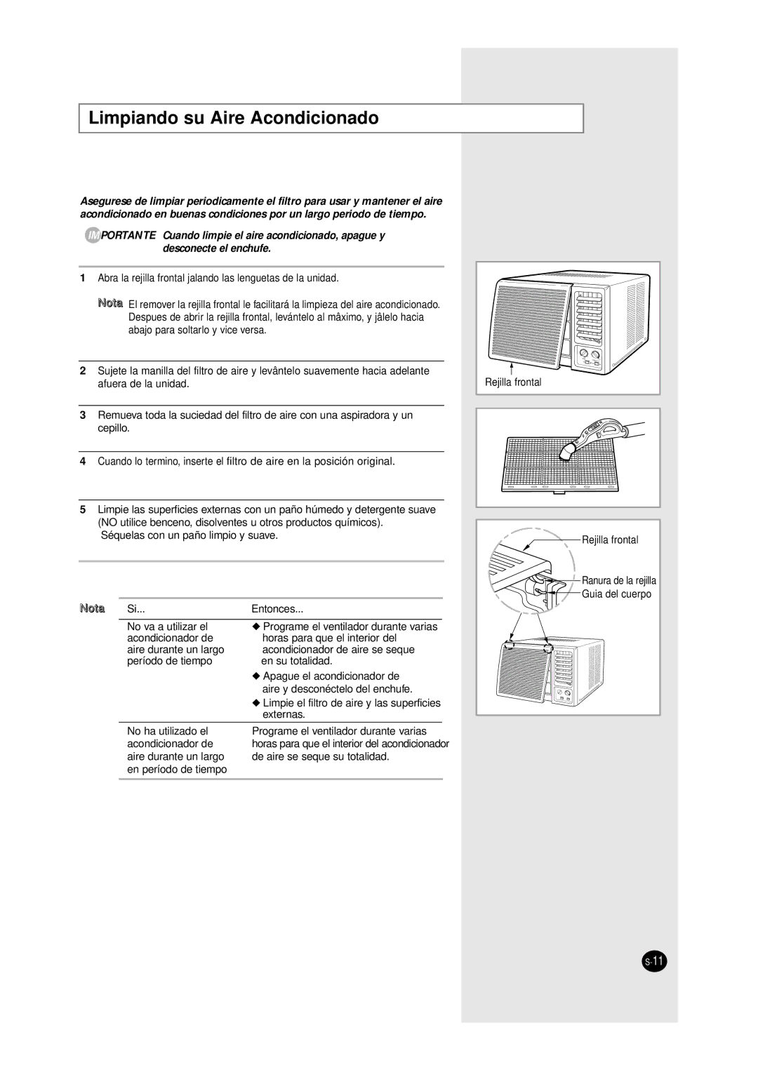 Samsung AW0810, AW0750, AW1810, AW1800, AW1210, AW1010 manual Limpiando su Aire Acondicionado, Rejilla frontal 