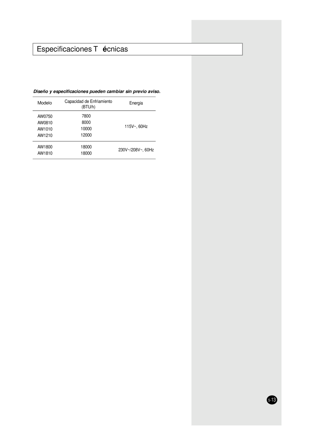 Samsung AW1810, AW0750, AW1800, AW1210 Especificaciones Té cnicas, Diseño y especificaciones pueden cambiar sin previo aviso 