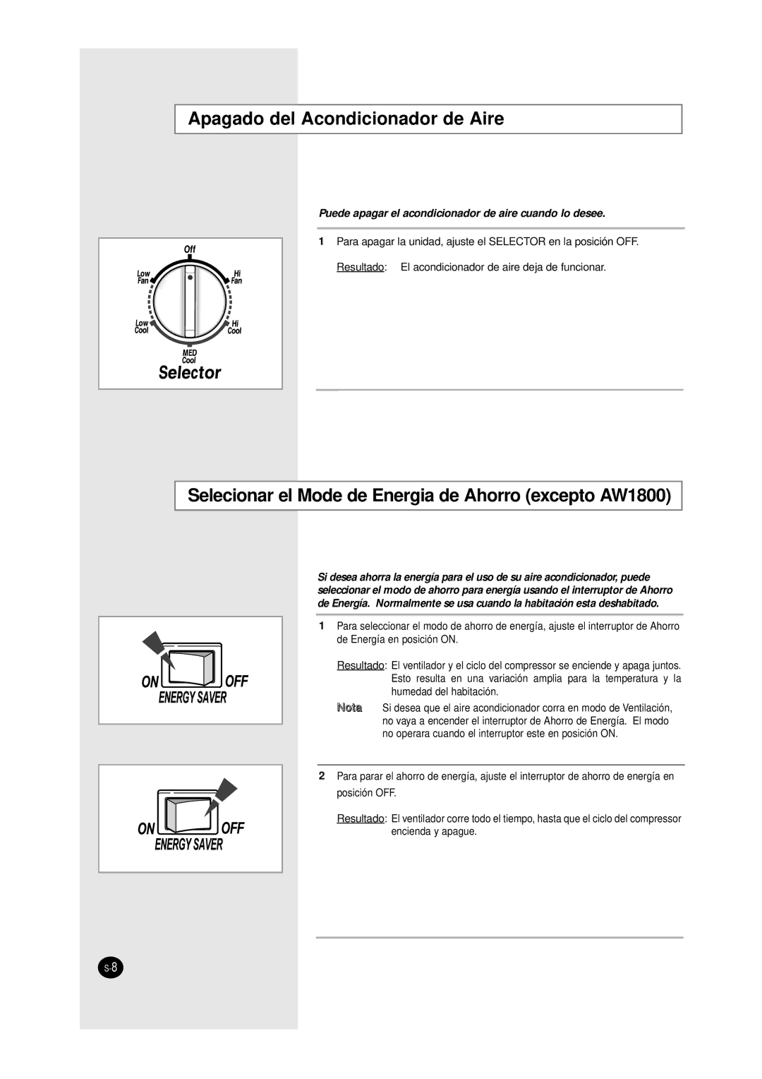 Samsung AW0750, AW1810 manual Apagado del Acondicionador de Aire, Selecionar el Mode de Energia de Ahorro excepto AW1800 