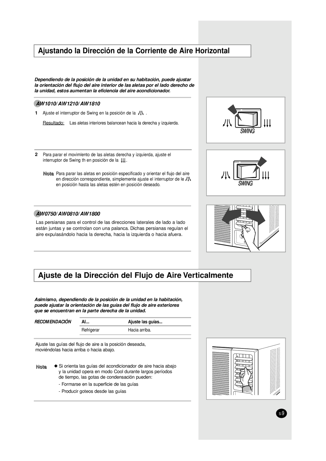 Samsung AW1210, AW0750, AW1810, AW1800, AW1010, AW0810 manual Ajustando la Dirección de la Corriente de Aire Horizontal 