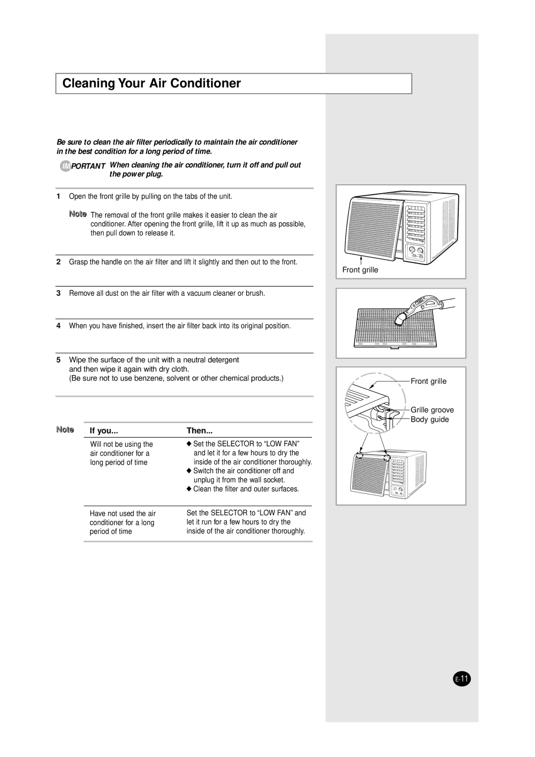 Samsung AW1010/AW1210, AW0750/AW0810, AW1800/AW1810 manual Cleaning Your Air Conditioner, If you Then 