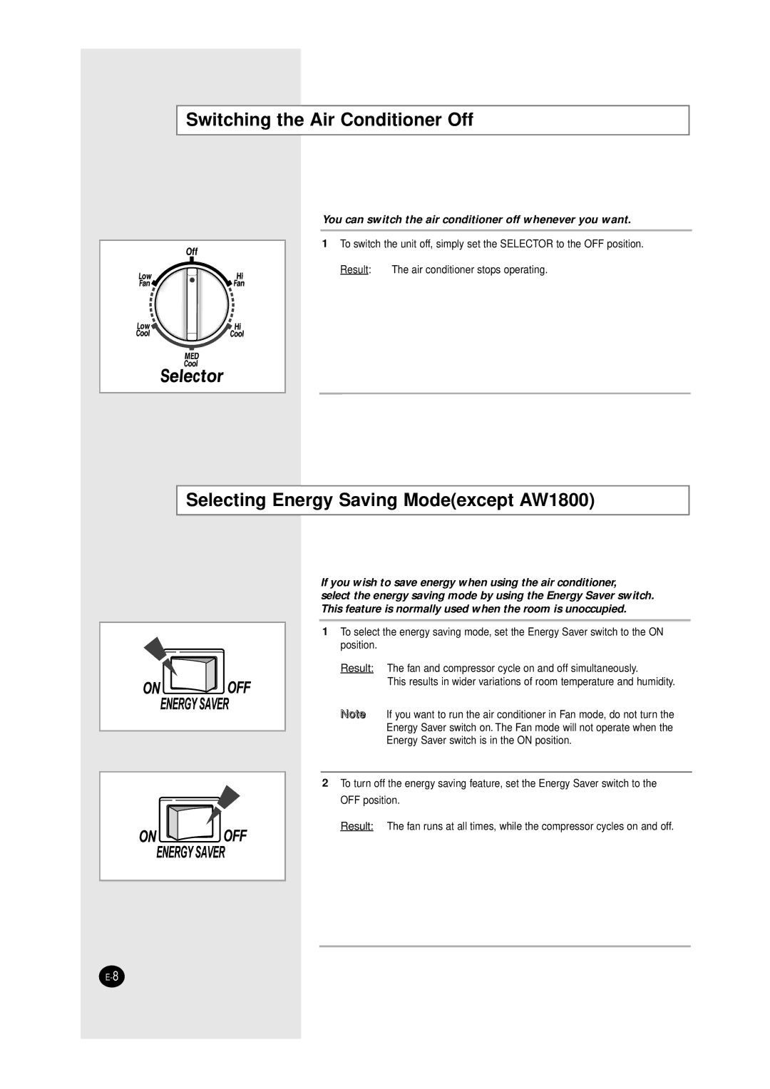 Samsung AW1010/AW1210, AW0750/AW0810 manual Switching the Air Conditioner Off, Selecting Energy Saving Modeexcept AW1800 