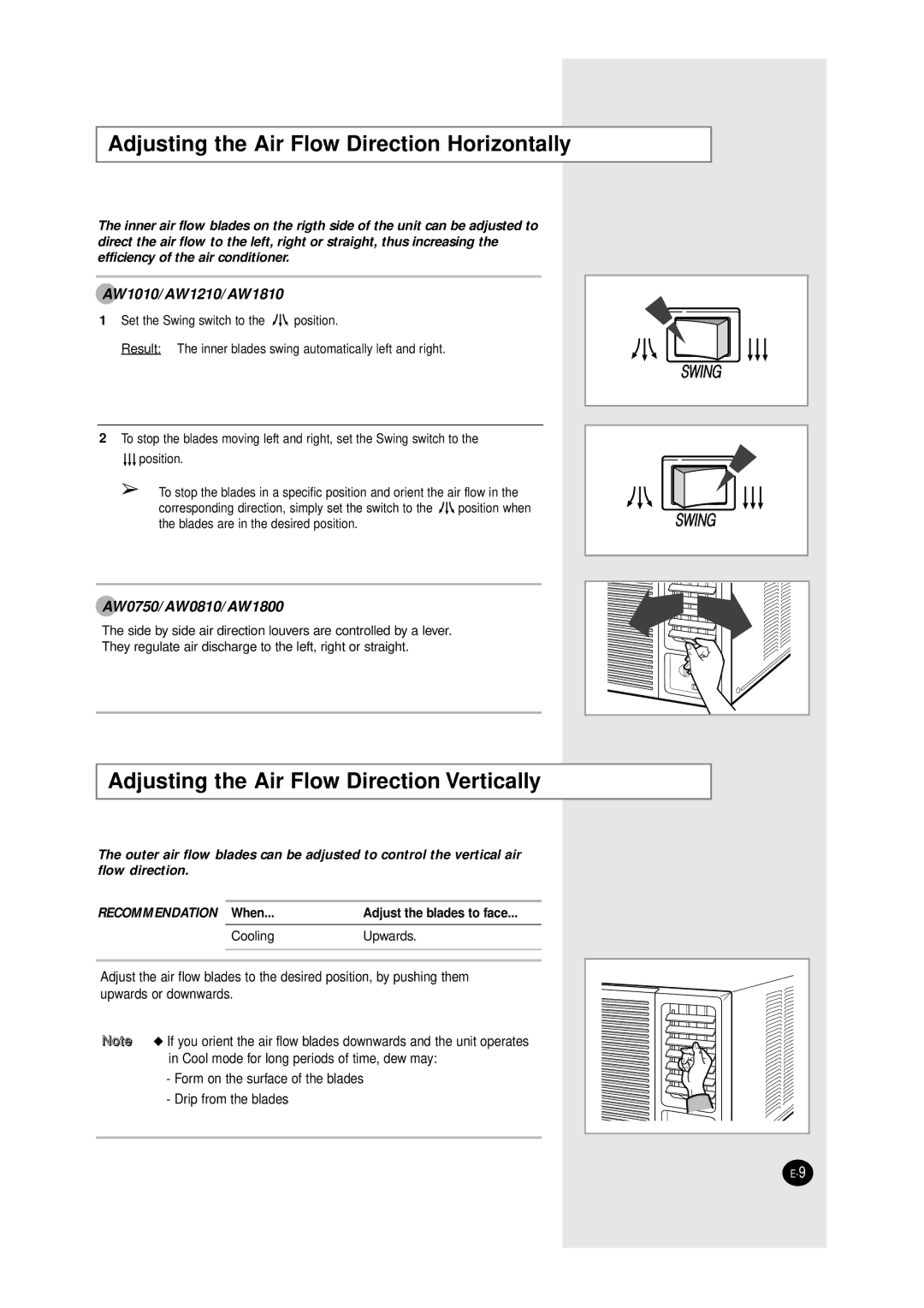 Samsung AW0750/AW0810 manual Adjusting the Air Flow Direction Horizontally, Adjusting the Air Flow Direction Vertically 