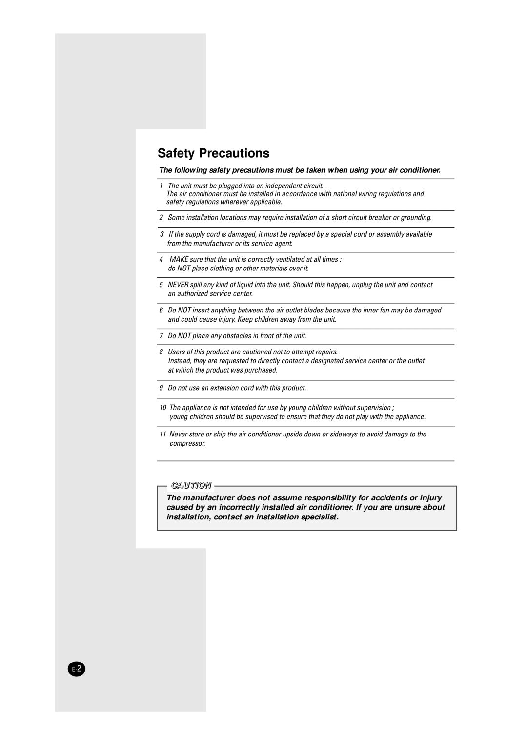 Samsung AW1010/AW1210, AW0750/AW0810, AW1800/AW1810 manual Safety Precautions 