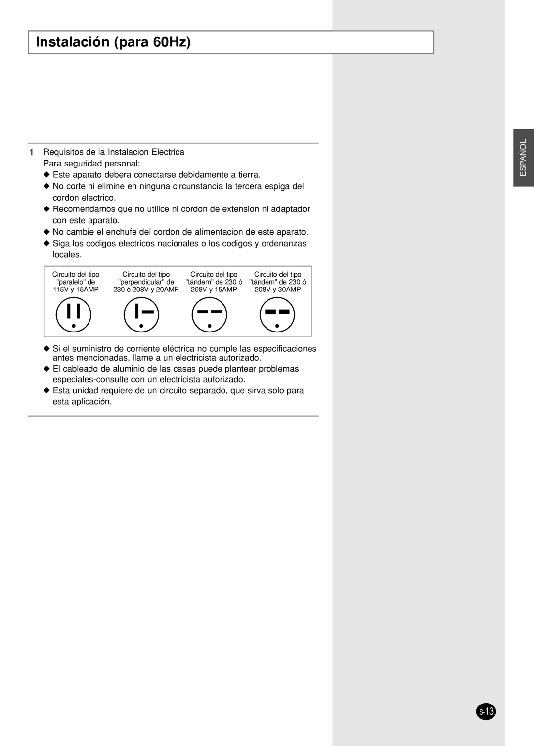 Samsung AW07F0(1)(3)NAA/AB/BA/BB/BC/CA/DA/DB/EA/EB/EC manuel dutilisation Instalación para 60Hz 