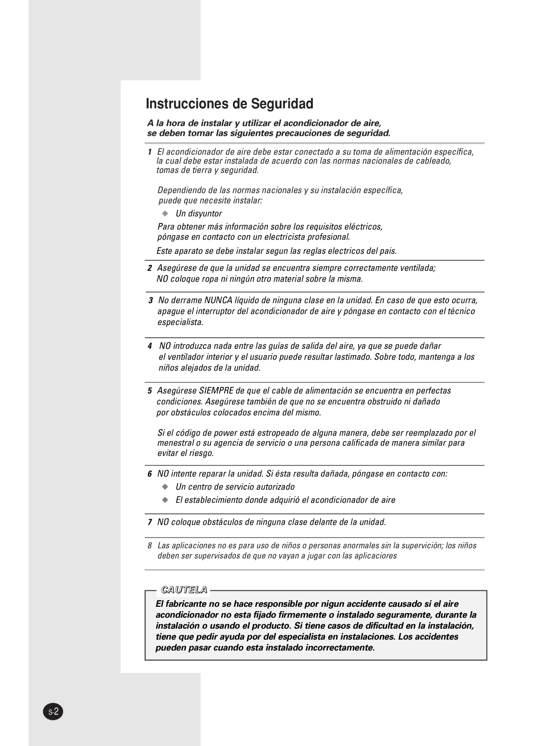 Samsung AW07F0(1)(3)NAA/AB/BA/BB/BC/CA/DA/DB/EA/EB/EC manuel dutilisation Instrucciones de Seguridad, Cautela 