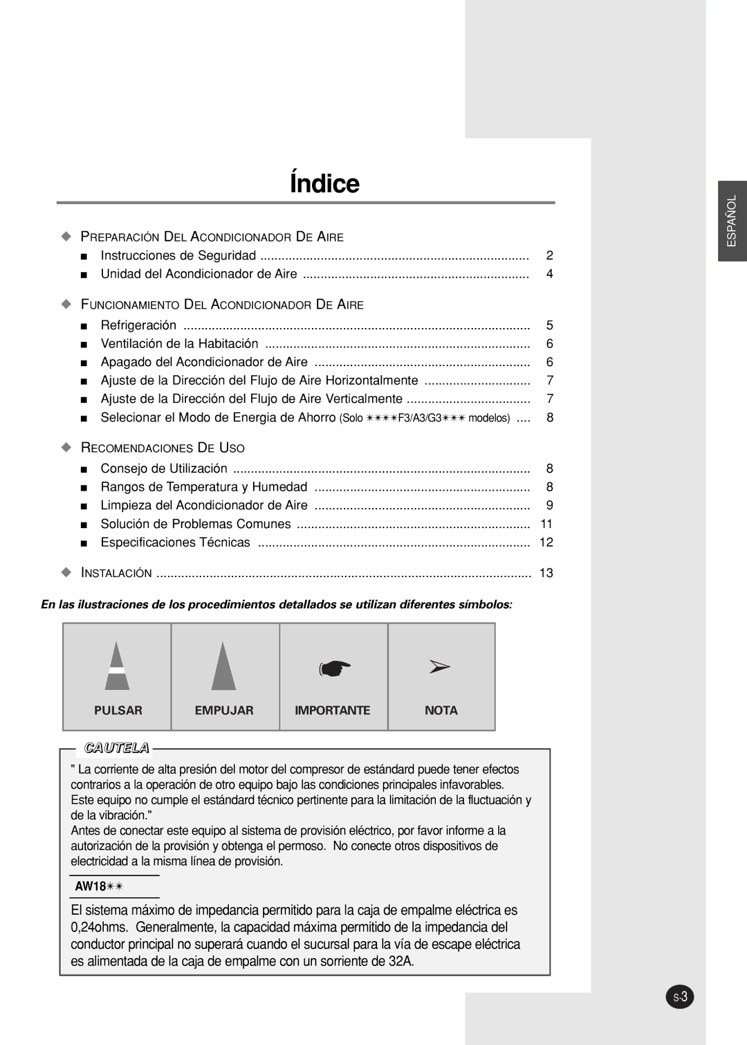 Samsung AW07F0(1)(3)NAA/AB/BA/BB/BC/CA/DA/DB/EA/EB/EC manuel dutilisation Índice 