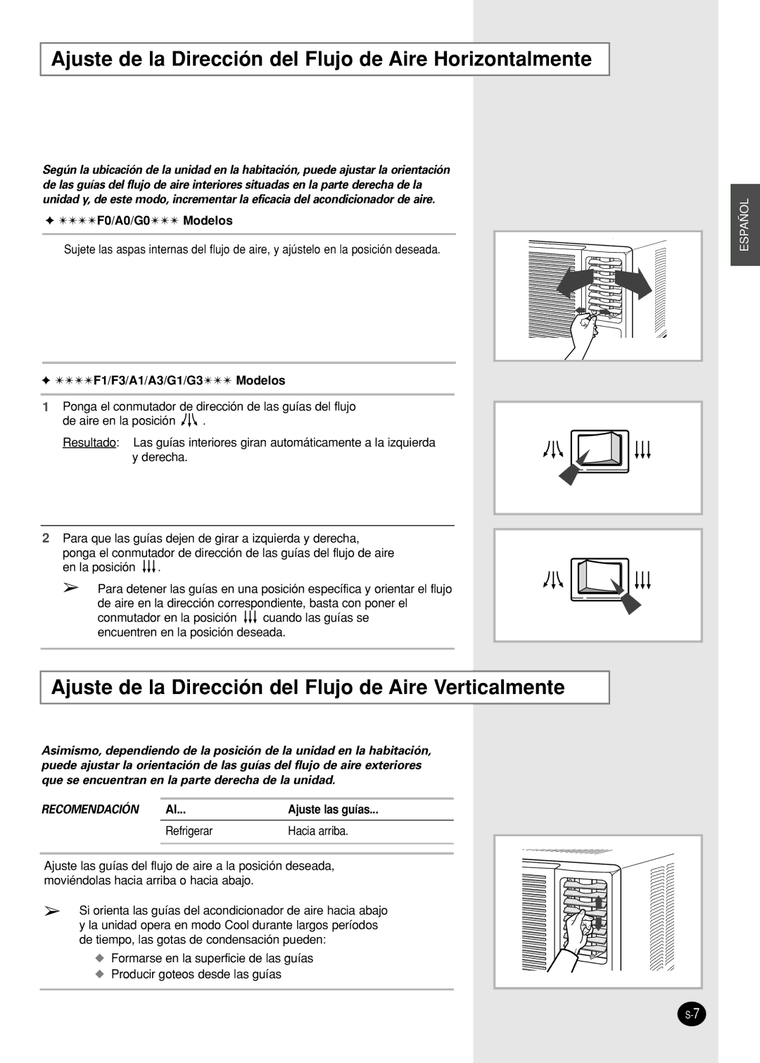 Samsung AW07F0(1)(3)NAA/AB/BA/BB/BC/CA/DA/DB/EA/EB/EC Ajuste de la Dirección del Flujo de Aire Horizontalmente 