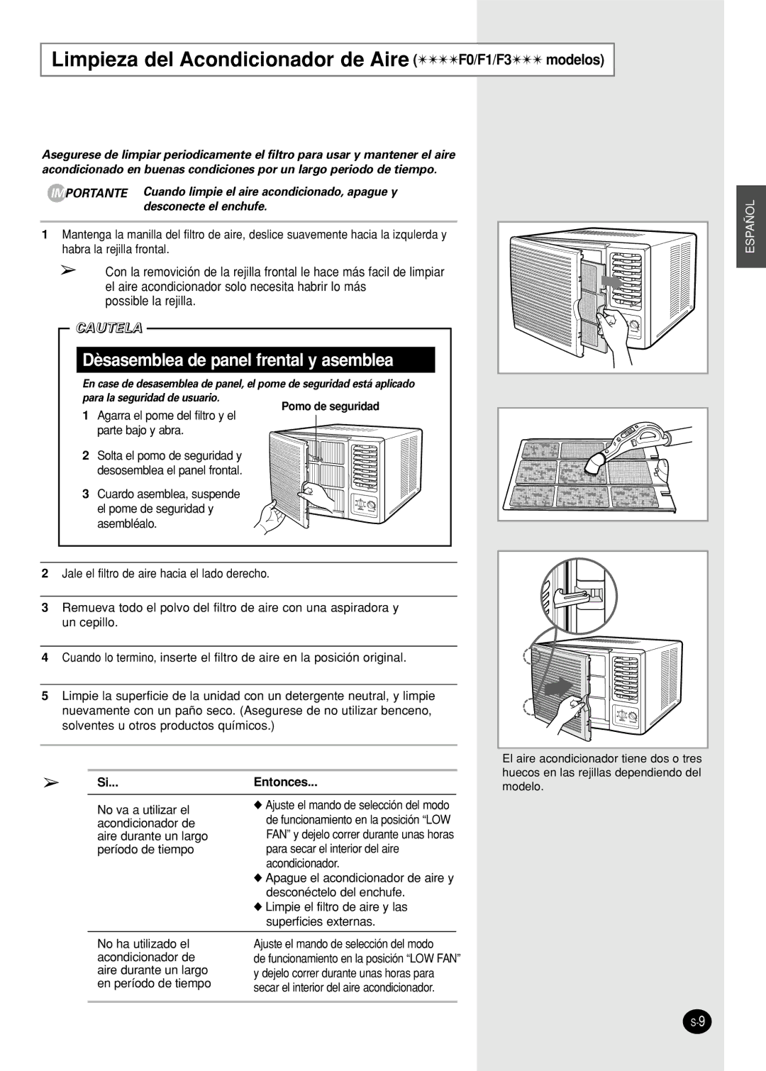 Samsung AW07F0(1)(3)NAA/AB/BA/BB/BC/CA/DA/DB/EA/EB/EC Limpieza del Acondicionador de Aire F0/F1/F3 modelos, Si...Entonces 