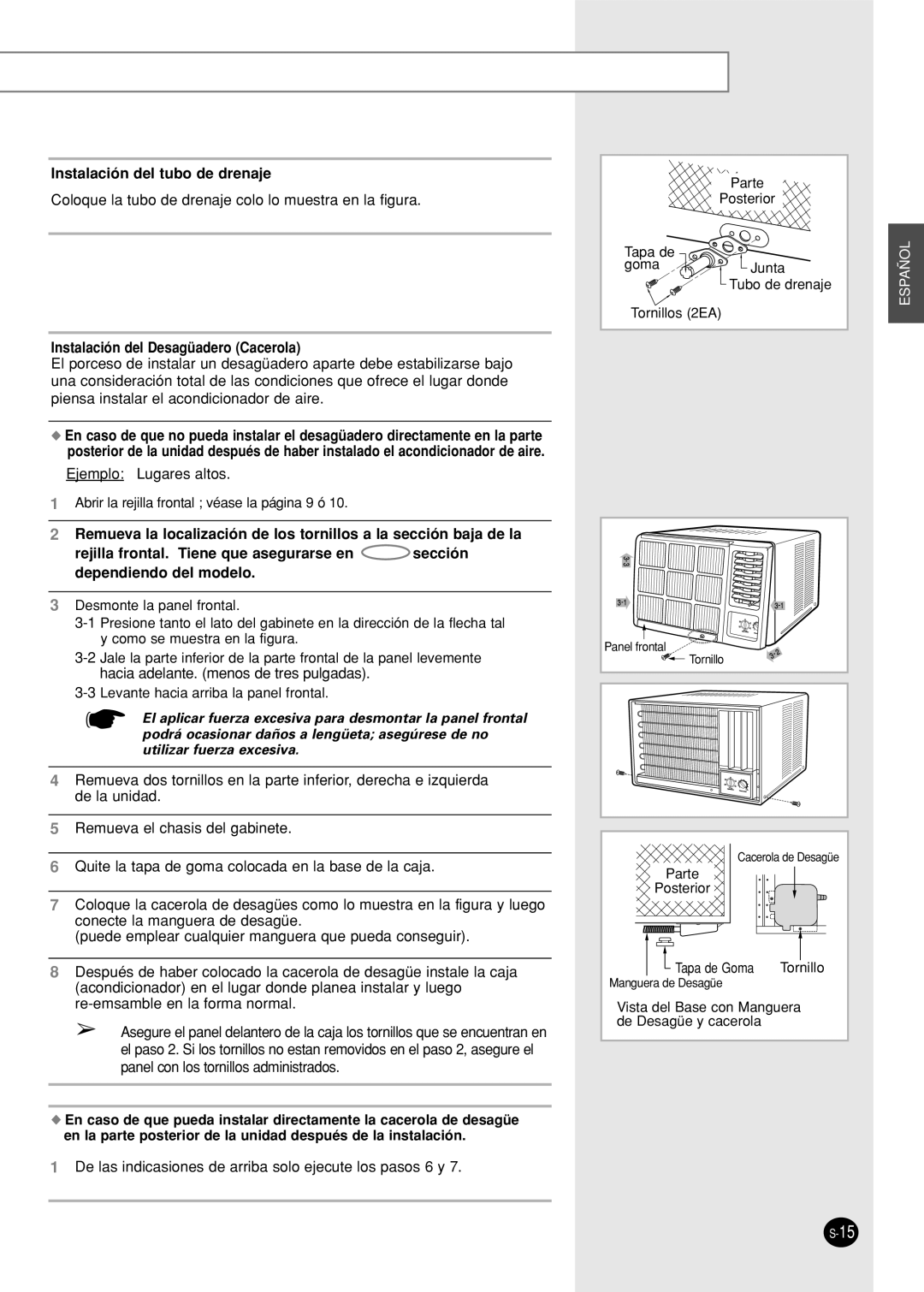 Samsung AW07F0(1)(3)NAA/AB/BA/BB/BC/CA/DA/DB/EA/EB/EC manuel dutilisation Instalación del tubo de drenaje, Español 