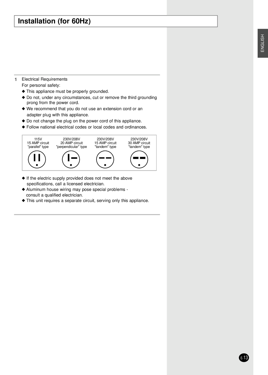 Samsung AW09F2TBA, AW07F2NBA, AW07F2NBC, AW07F2NBD, AW12F2DBB, AW12F2DBA, AW09F2TBB manual Installation for 60Hz 