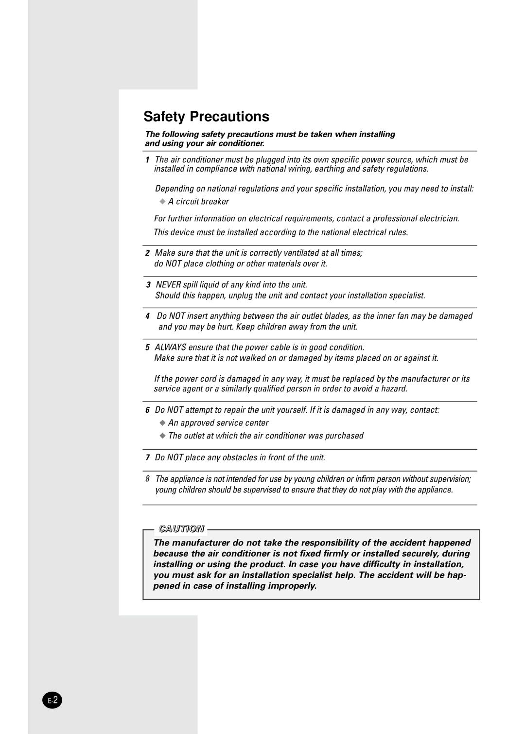 Samsung AW07F2NBD, AW07F2NBA, AW07F2NBC, AW12F2DBB, AW12F2DBA, AW09F2TBB, AW09F2TBA manual Safety Precautions 