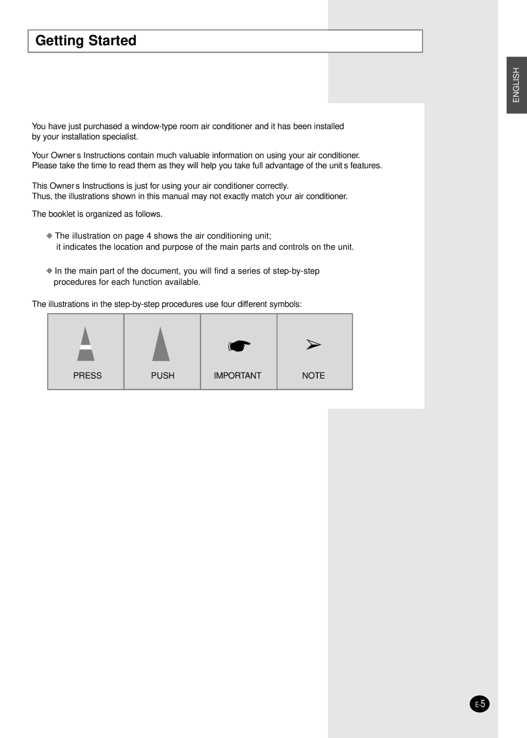 Samsung AW09F2TBB, AW07F2NBA, AW07F2NBC, AW07F2NBD, AW12F2DBB, AW12F2DBA, AW09F2TBA manual Getting Started 