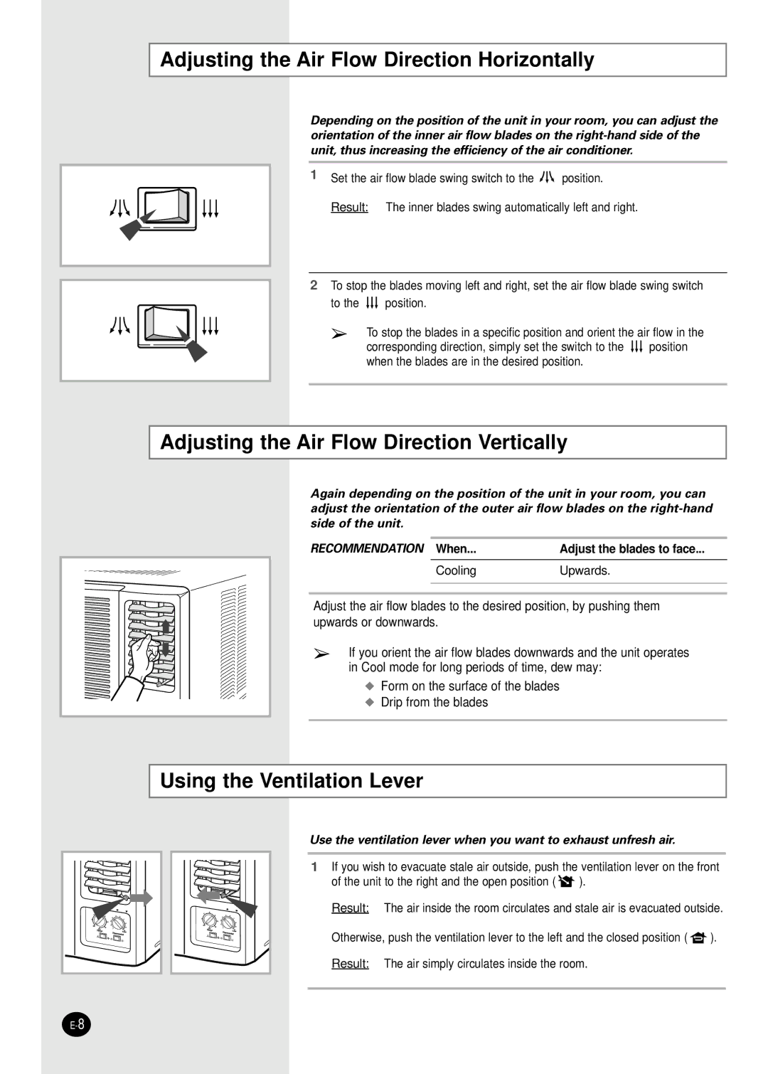 Samsung AW07F2NBC, AW07F2NBA Adjusting the Air Flow Direction Horizontally, Adjusting the Air Flow Direction Vertically 