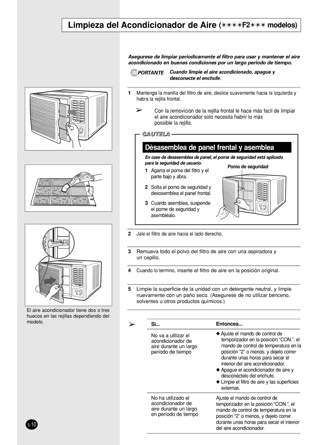 Samsung AW09A(G)2NBA/BB/DA/EA Limpieza del Acondicionador de Aire F2 modelos, Pomo de seguridad, Si...Entonces 