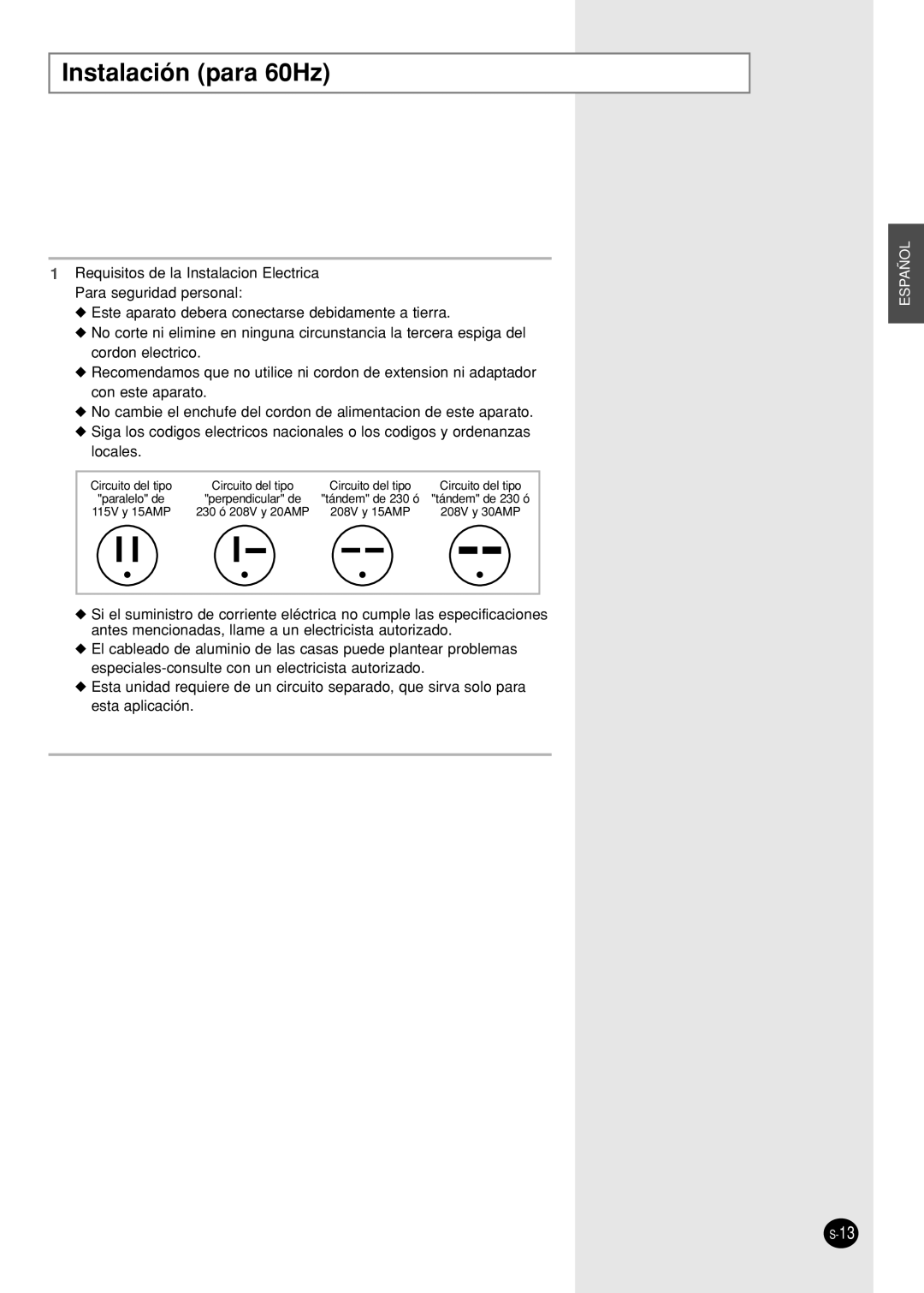 Samsung AW07F2NBA/DE/EA, AW07A(G)2NBA/DE/EA, AW10F2DBA/DA/EA, AW22F2MBA/BB/EA/EB, AW12A(G)2DBA/BC/DA/EA Instalación para 60Hz 